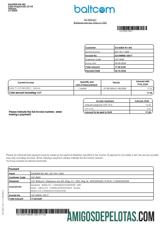 realista Modelo de conta de serviços públicos de telecomunicações Baltcom da Letônia em formatos Word e PDF (versão em inglês)